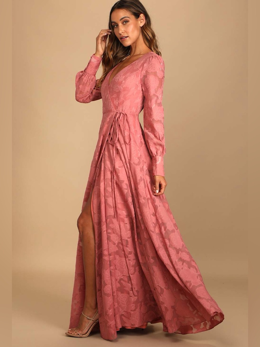 Lulus Kept Your Love Rose Pink Floral Jacquard Long Sleeve Maxi Dress Size XL - Picture 3 of 8